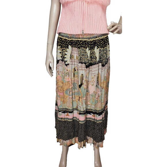 Vintage 80s Elephants People India City Life Tiered Mixed Media Broomstick Skirt - Picture 5 of 14